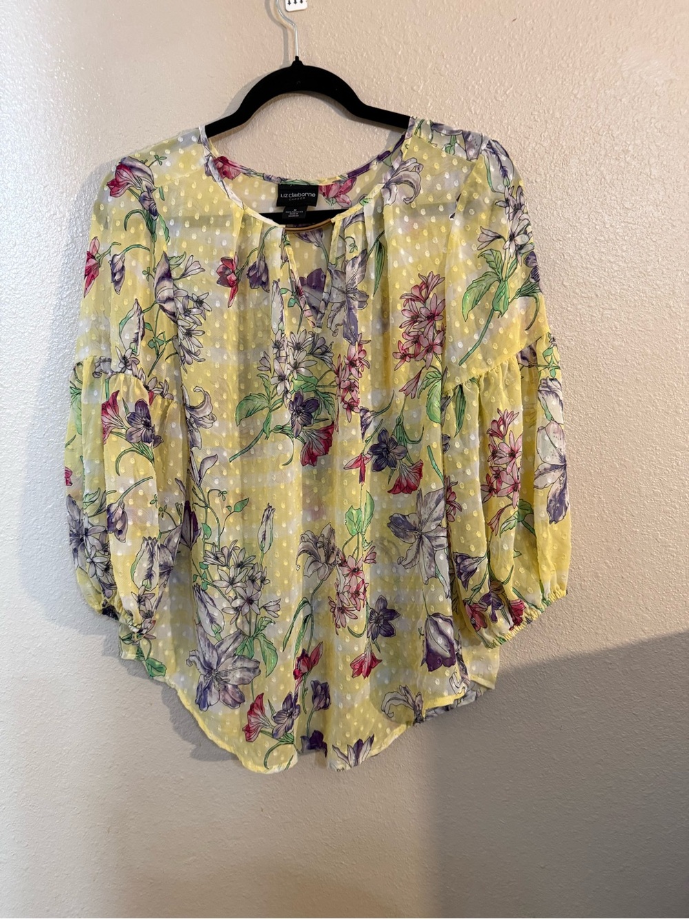 Liz Claiborne Career Sheer Yellow Floral Peasant Top Medium ballon sleeves